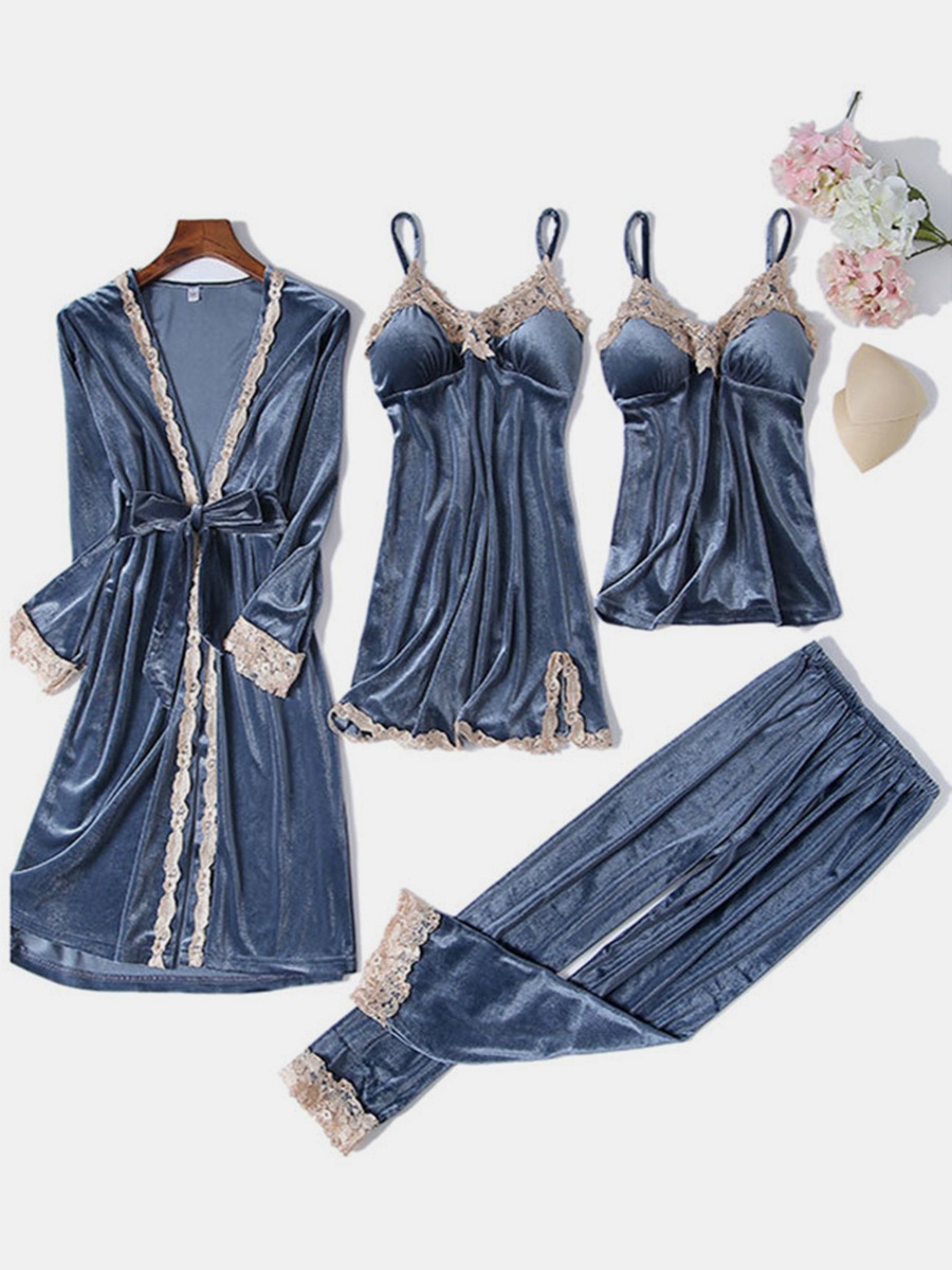 4 PCS Lace Trim Velvet PJ Set Belted Robe + Cami Dress + Camisole + Pants