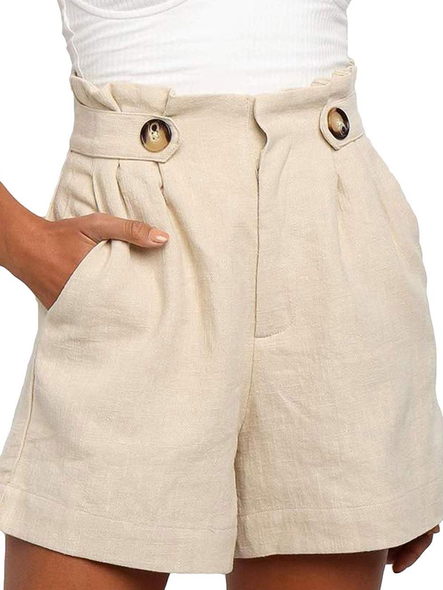 Solid Color Button Decor Pleated Linen Shorts