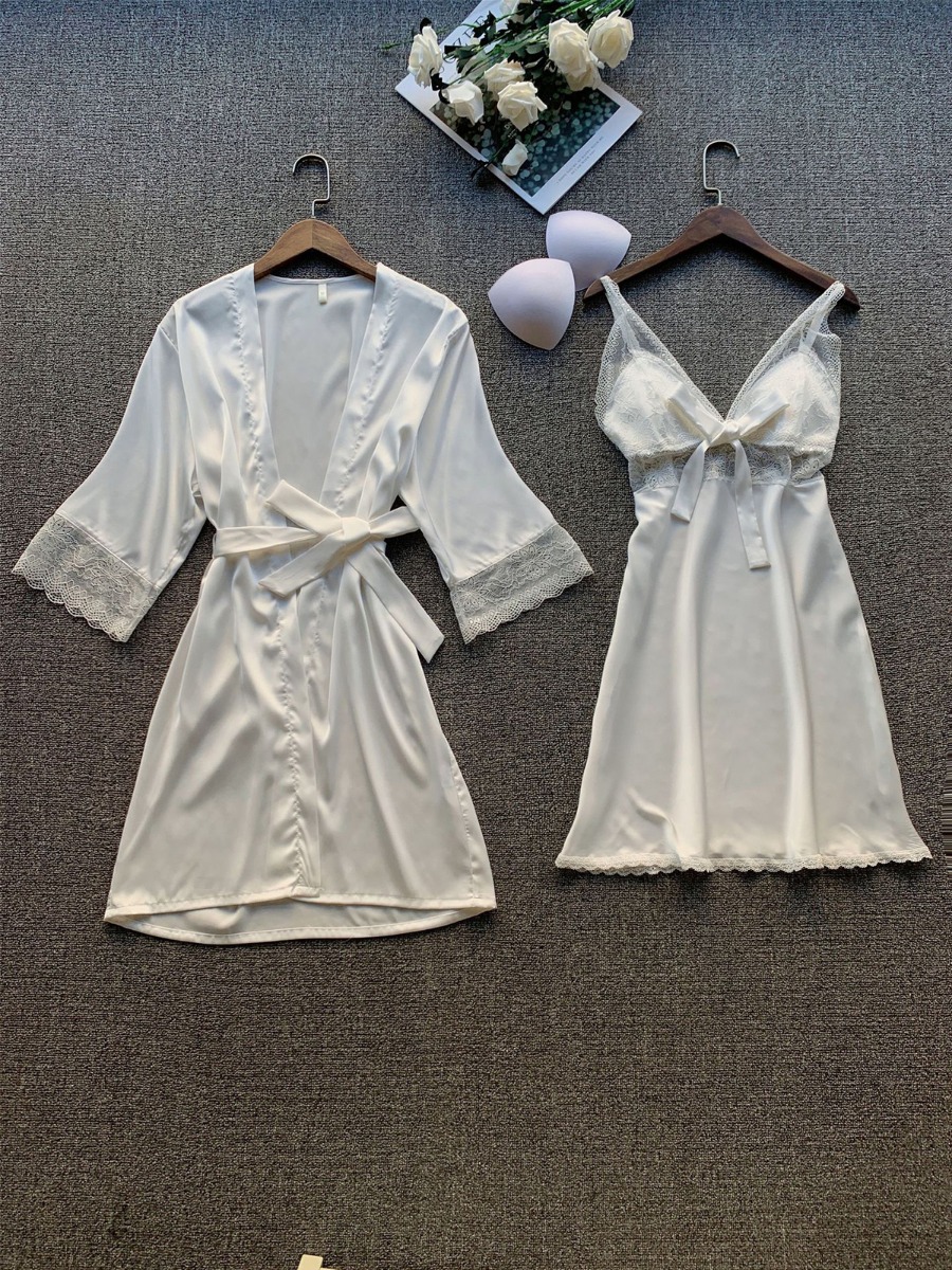 2 Pieces Lace Detail Satin PJ Outfit Belted Robe + Cami Dress
