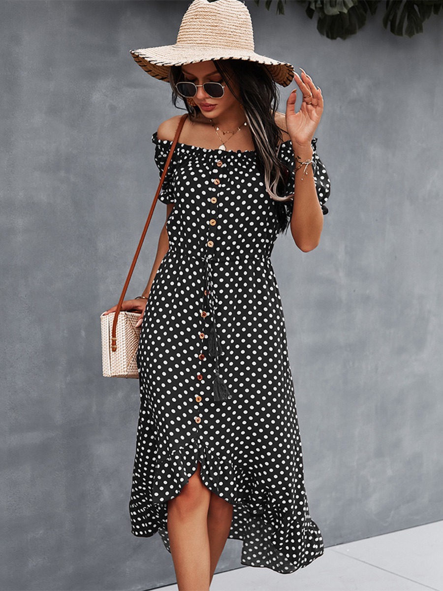Asymmetric Off-shoulder Polka Dots Ruffle Dress