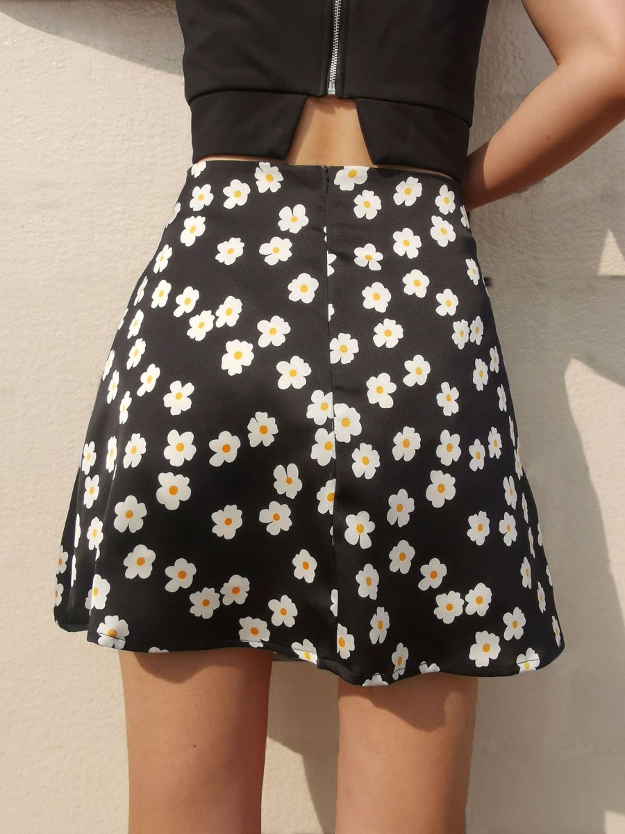 Flower Print Satin Mini Skirt