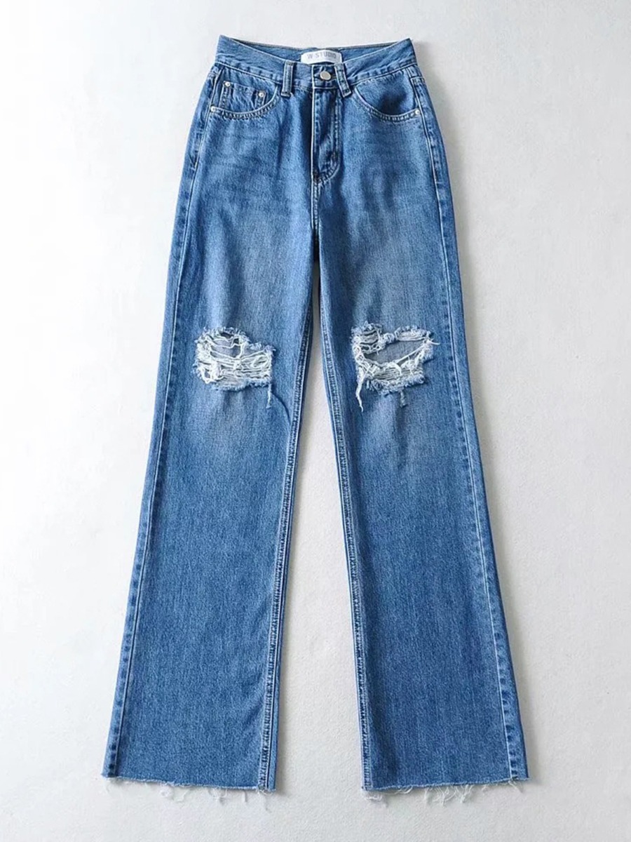 Raw Trim Ripped Wide-leg Jeans