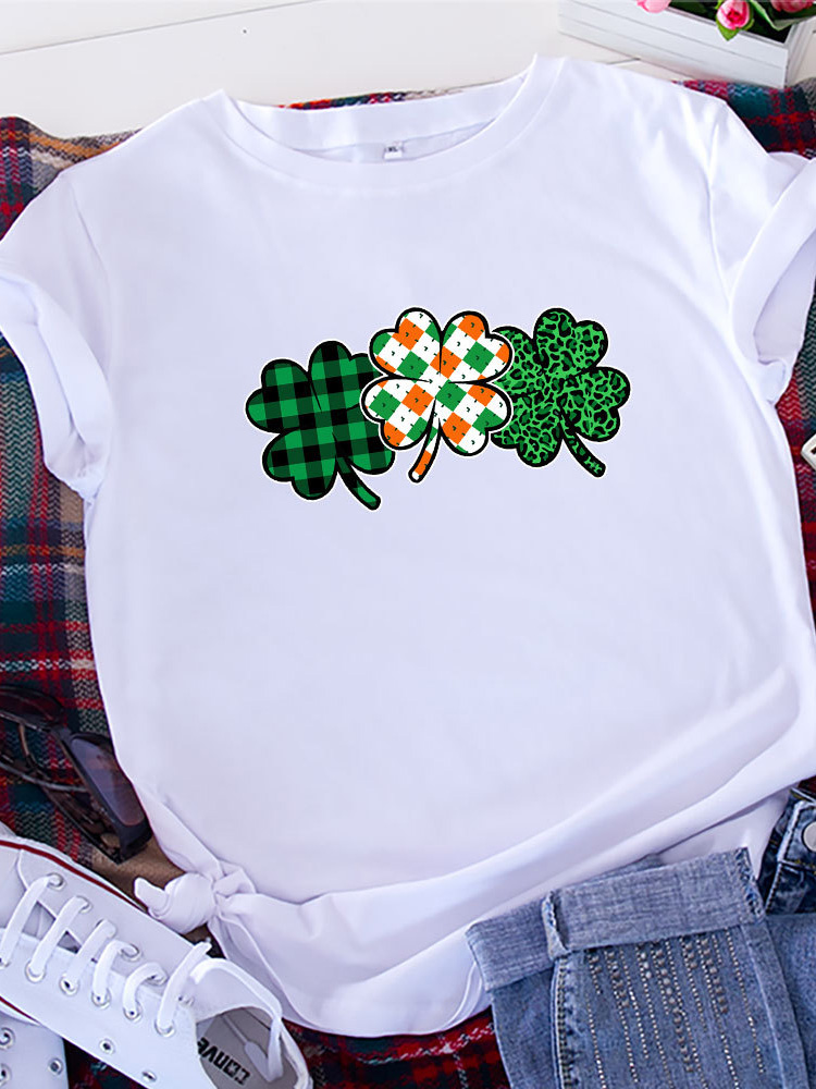 Four Leaf Clover Leopard Plaid Graphic T-shirt