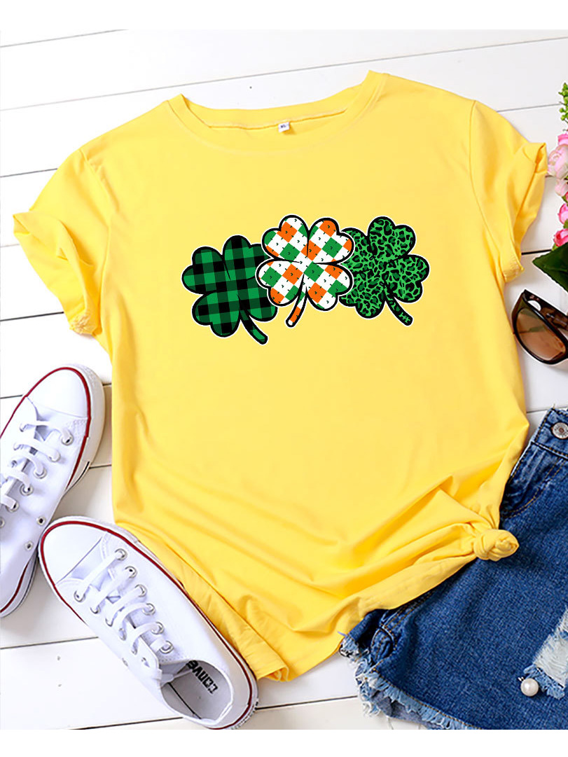 Four Leaf Clover Leopard Plaid Graphic T-shirt