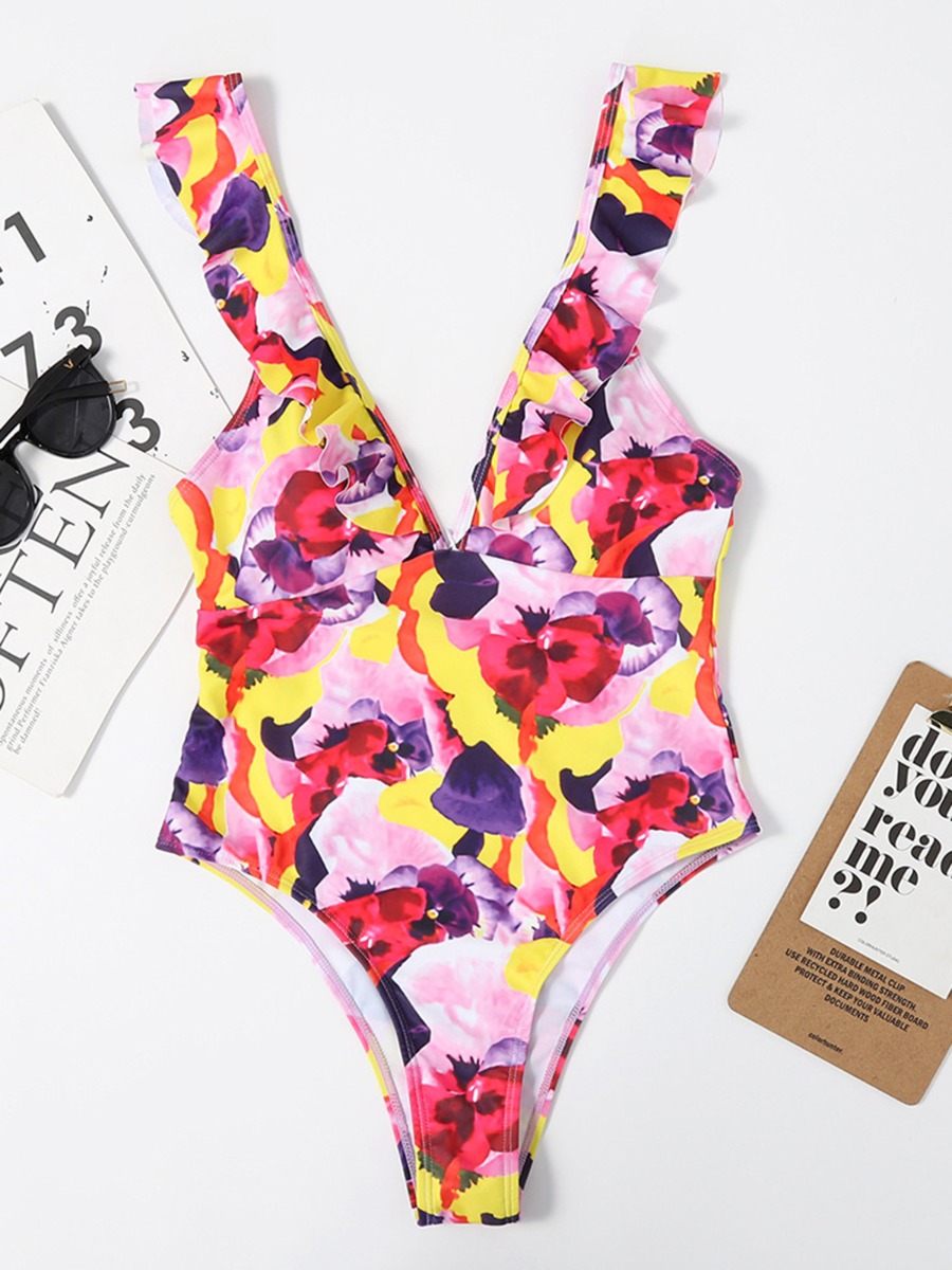 Crisscross Back Ruffle Trim Floral One-piece Swimsuit