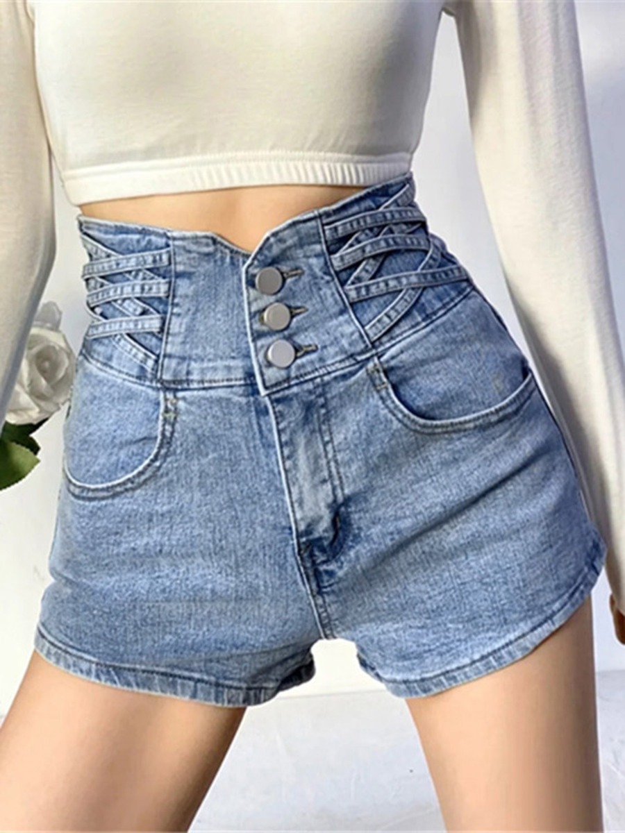 High Waisted Strappy Side Denim Shorts