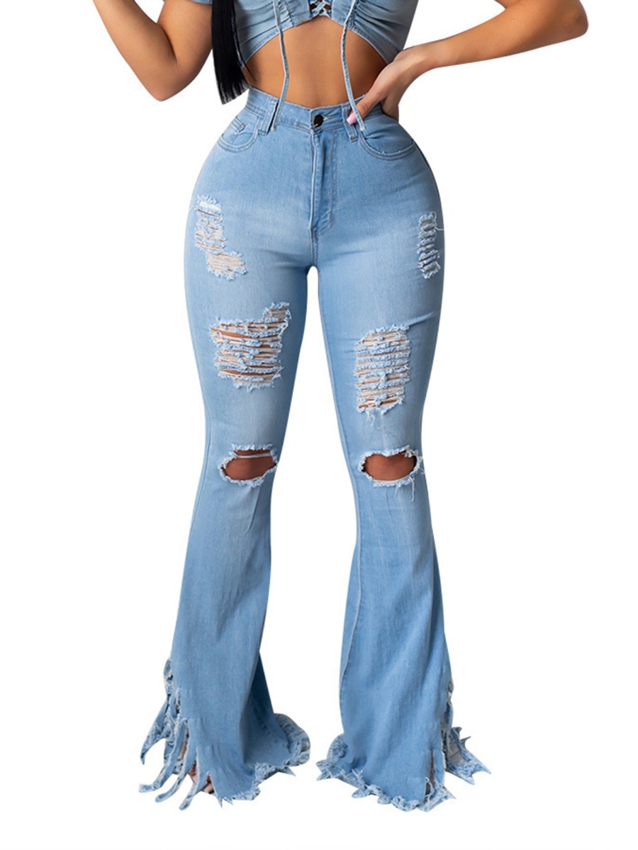 Tassel Hem Ripped Distressed Bell-bottom Jeans