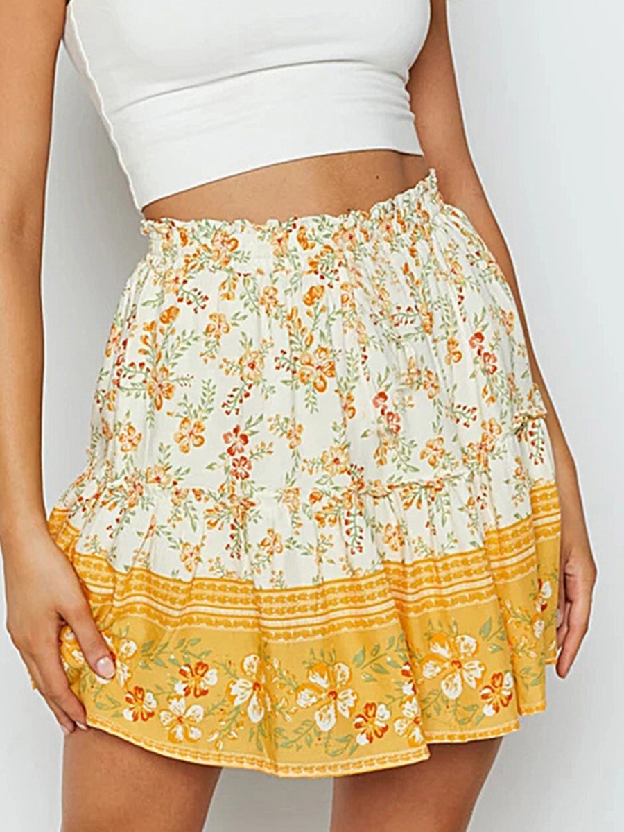 Bohemian Lettuce Trim Flower Print Ruffle Skirt