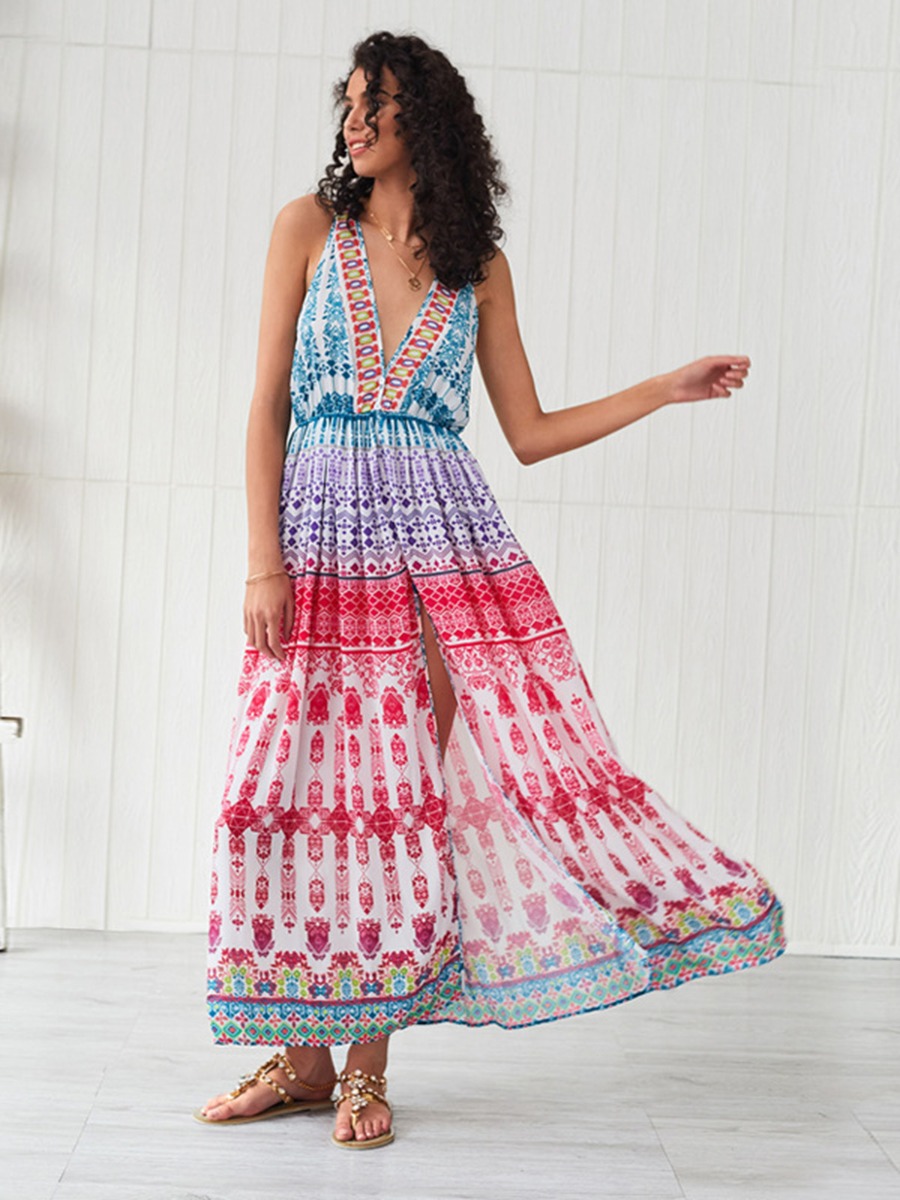 Bohemian V Neck All-over Print Split Maxi Dress