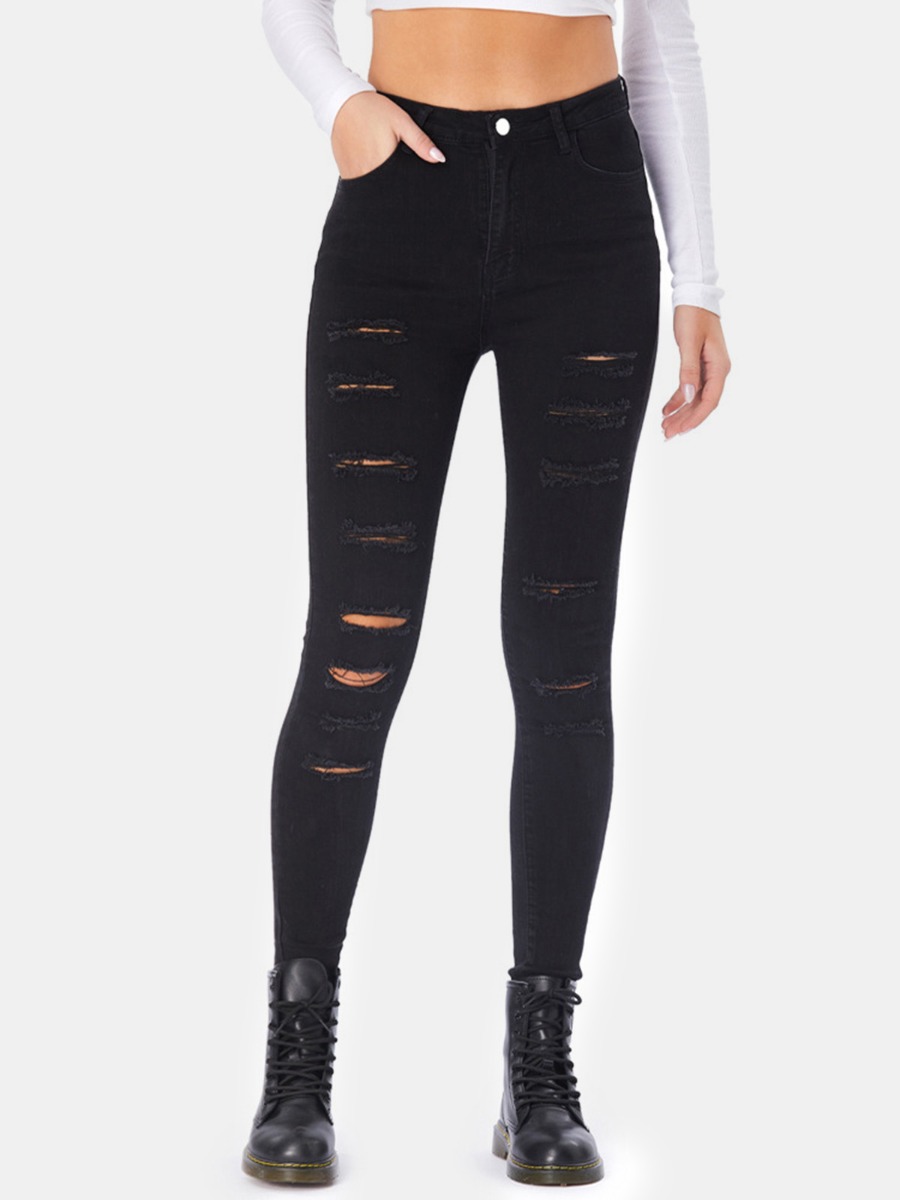 High Stretch Ripped Fitted Black Jeans
