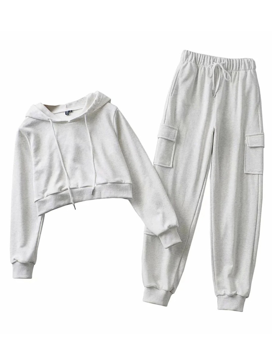 2-piece Solid Hoodie & Pocket Pants Sweatsuit