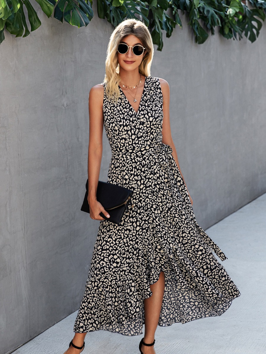 V-neck Belted Leopard Print Ruffled Tank Dress
