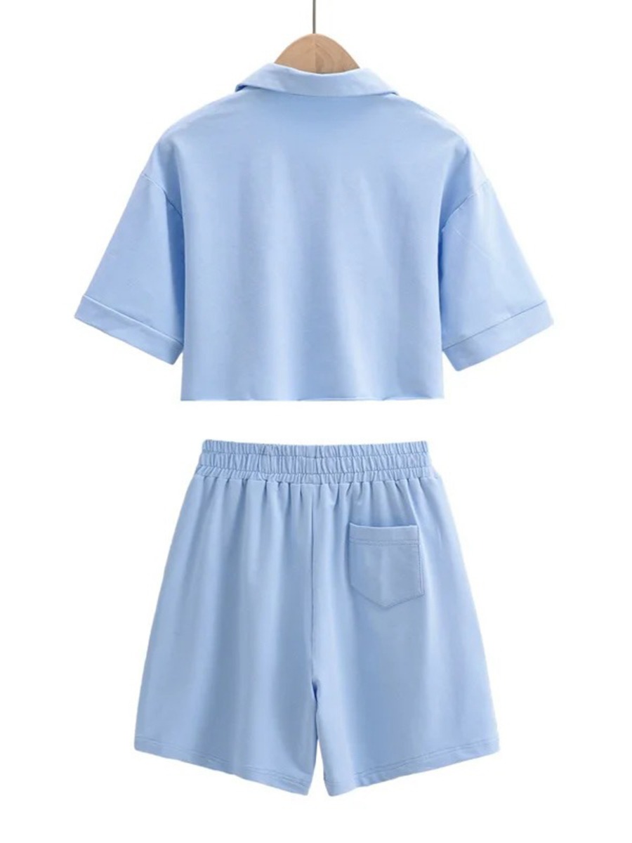 Two Pieces Polo Collar Crop Top & Sweat Shorts Set
