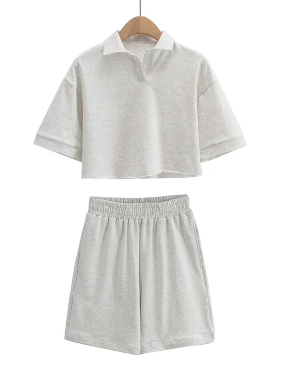 Two Pieces Polo Collar Crop Top & Sweat Shorts Set
