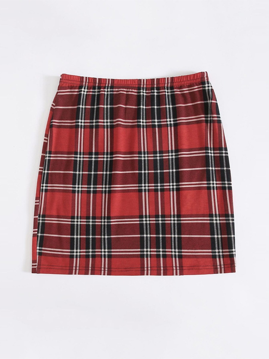 Elastic Waist Split Scottish Checked Skirt