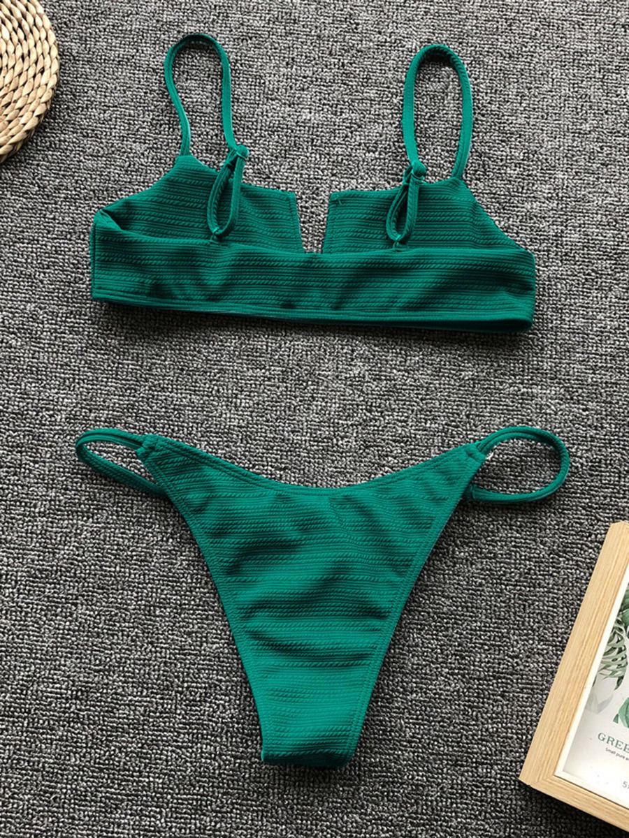 Two Pieces V-collar Ribbed Bralette & Thongs Swimwear Set