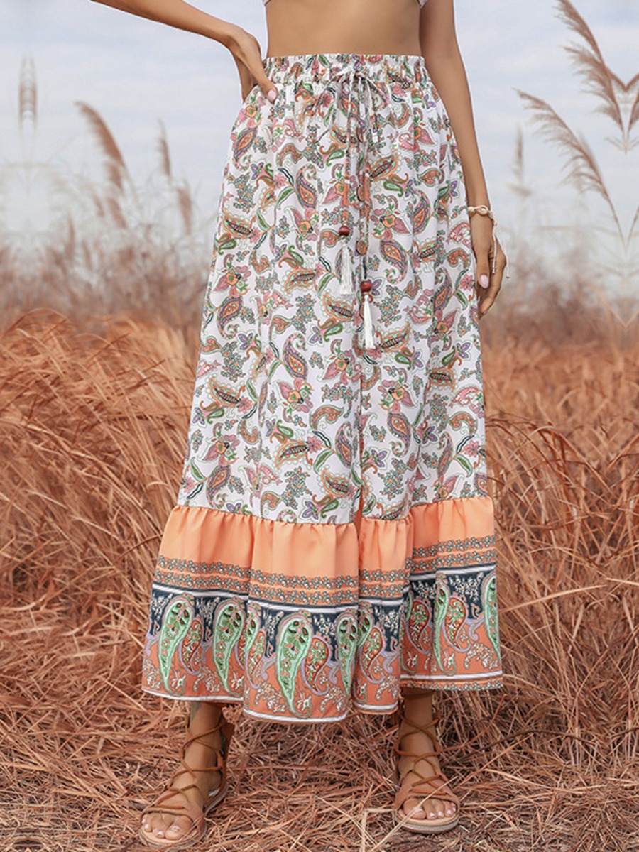 Allover Ethnic Print Tie-up Split Skirt
