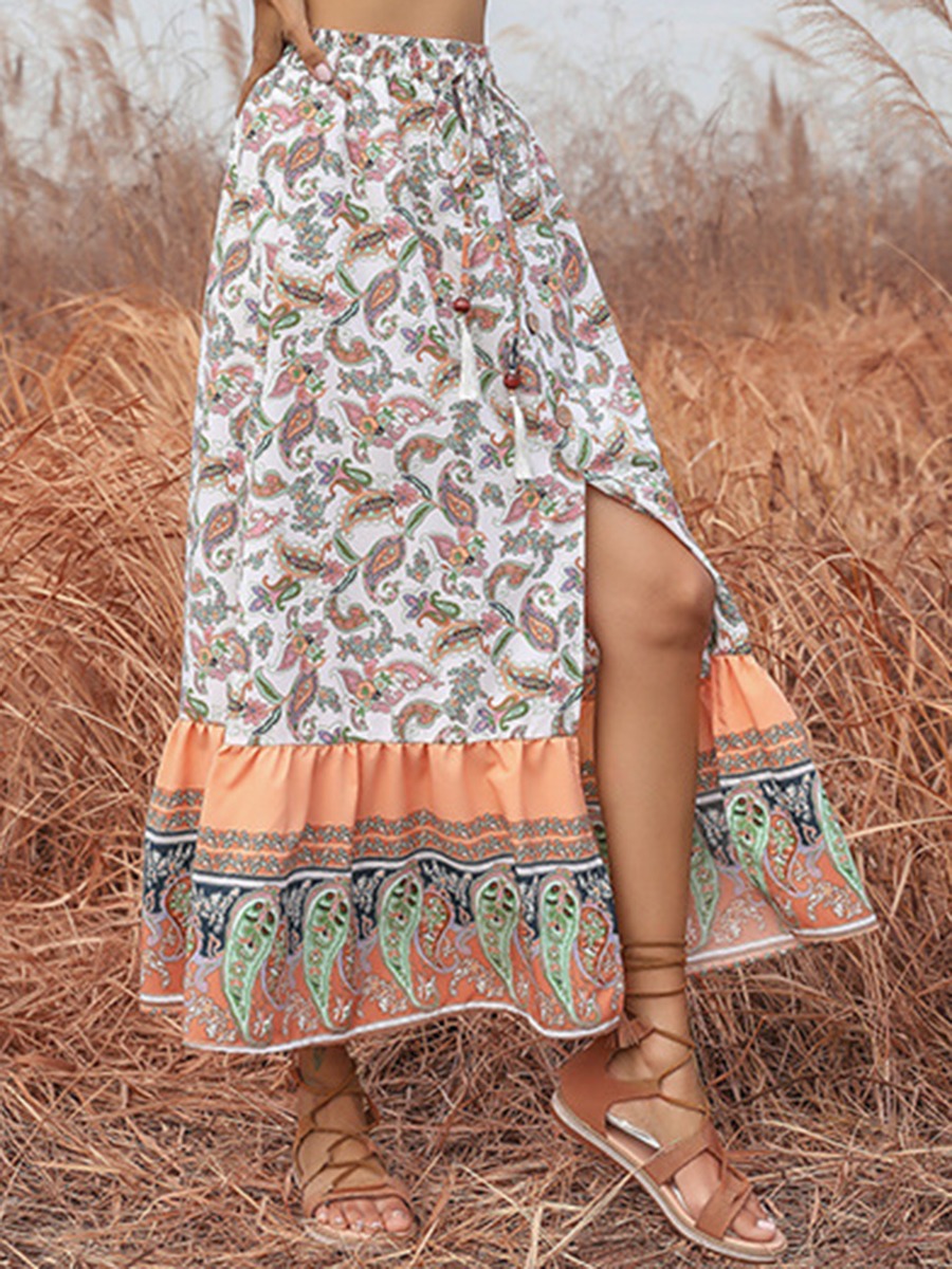 Allover Ethnic Print Tie-up Split Skirt