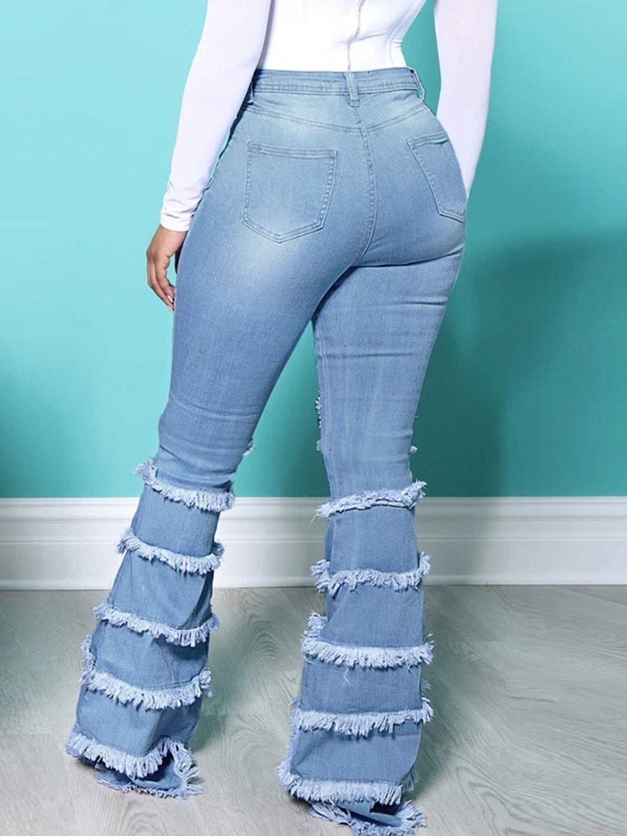 Layered Fringe Trim Frayed Bell-bottom Denim Jeans