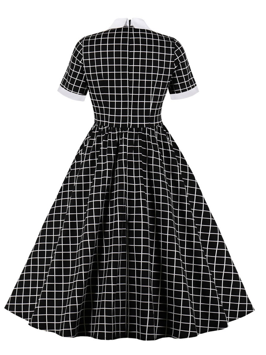 Buy Vintage Bowknot Neck Plaid Swing Dress - SheStar
