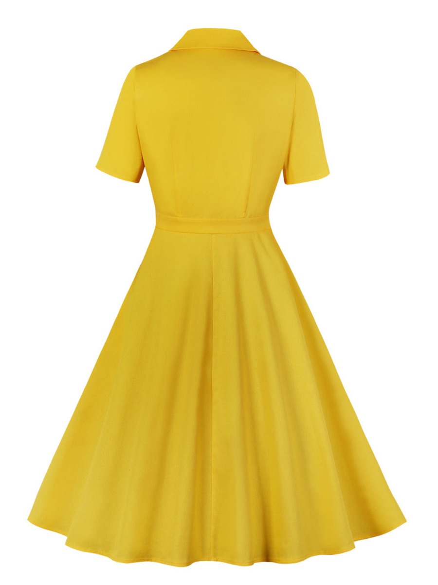 Peak Lapel Neck Frill Hem Yellow Vintage Dress - SheStar