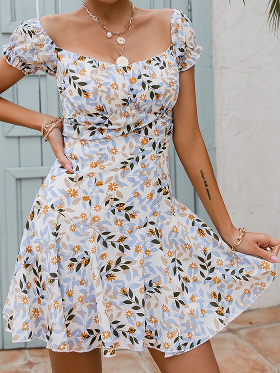 Puff Sleeve Floral Print A-line Dress
