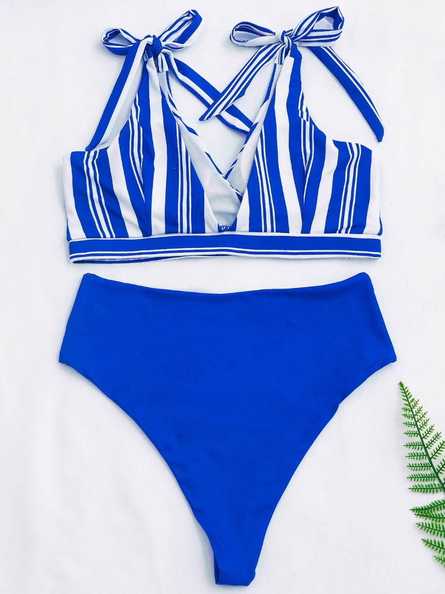 Two Pieces Tie Shoulder Stripe Bikini Swimsuit