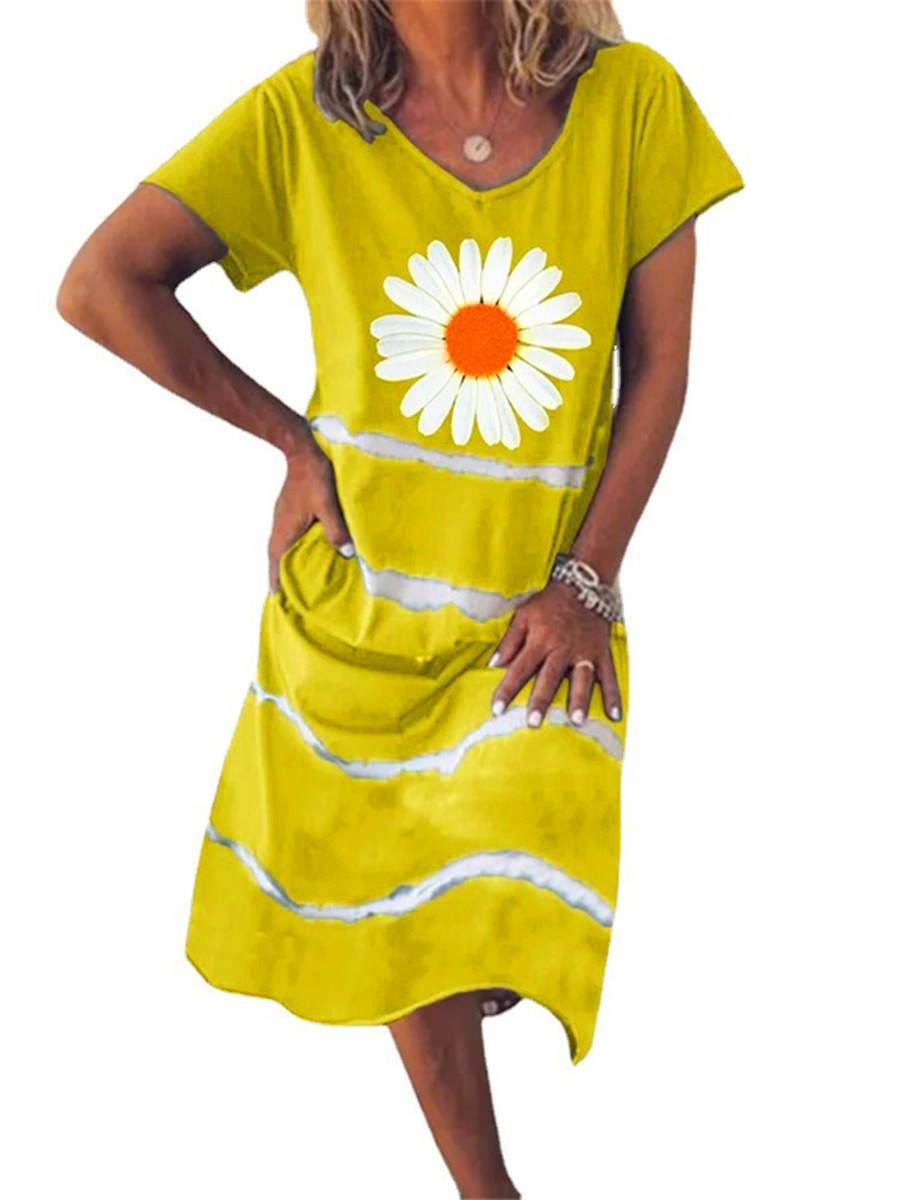 Buy Summer Sunflower Print Stripe Tee Dress - SheStar