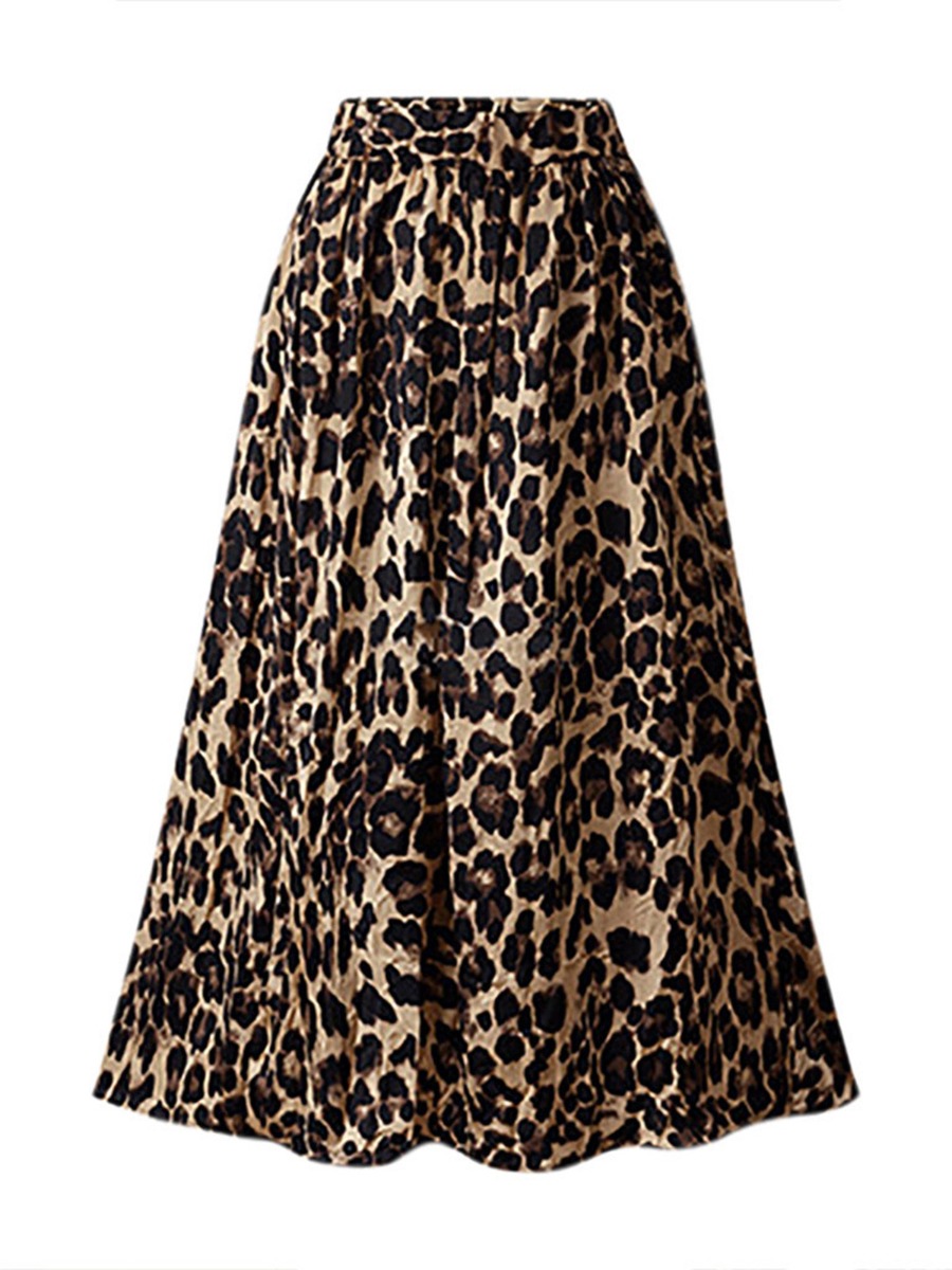 Plus Size High Waist Leopard Print Pleated Skirt