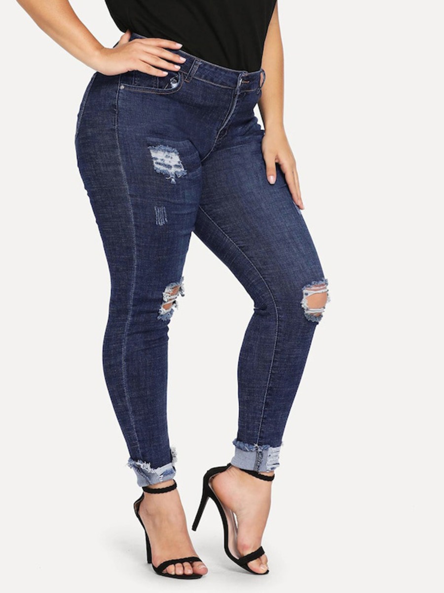 Plus Size Raw Hem Ripped Slim-fit Denim Jeans Wholesale