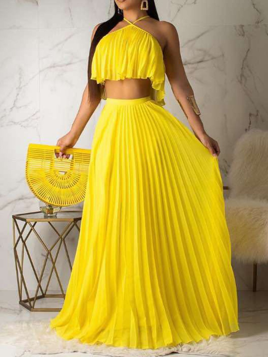 Two Peices Hi-Lo Hem Halter Crop Top & Pleated Maxi Skirt