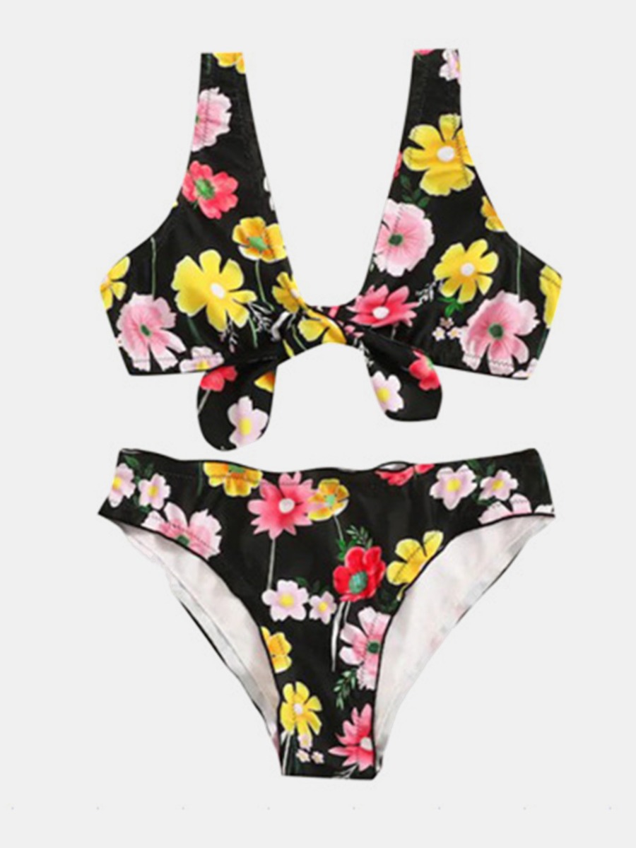 Two Peices Flower Print Front Knot Bikini Swimsuit Set