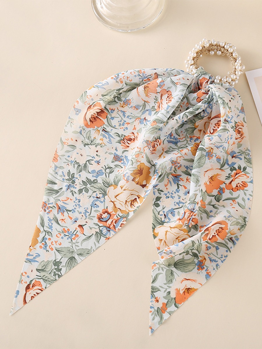 Vintage Floral Silk Scarf Pearl Hair Tie
