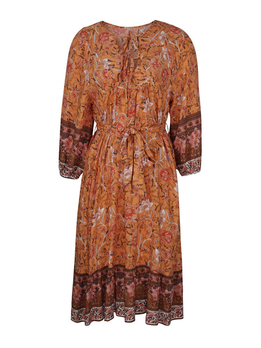 Bohemian Print Bishop Sleeve Drawstring Waist Dress Online- SheStar