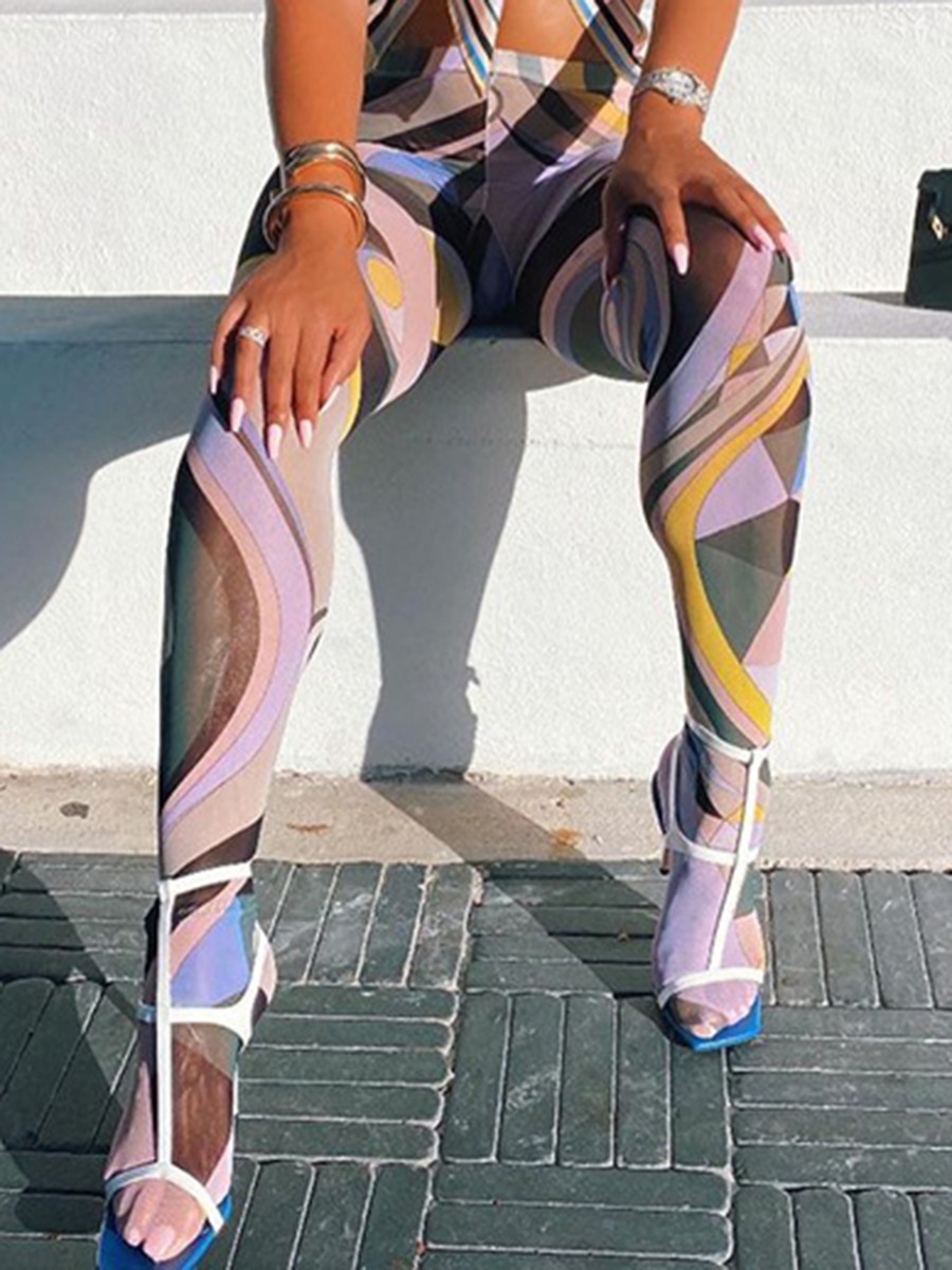 See through Yoga Pants Colorful Geometry Printed Mesh Leggings