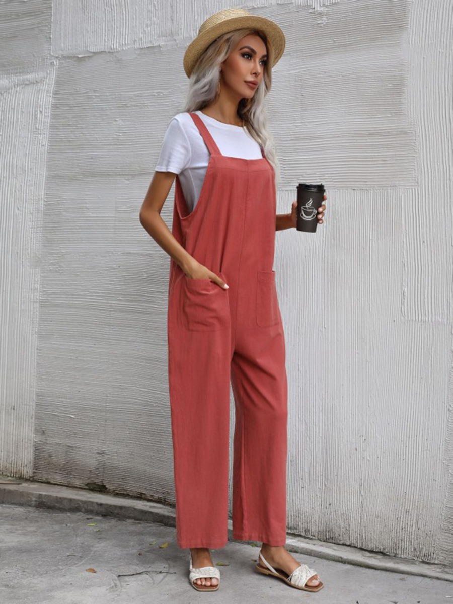 Linen Casual Loose Pockets Detail Wide Leg Overalls 210722367