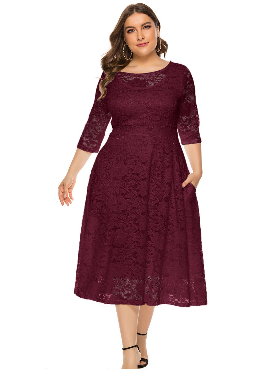 Plus Size Lace Hollow Pocket Detail Evening Dress 210722587