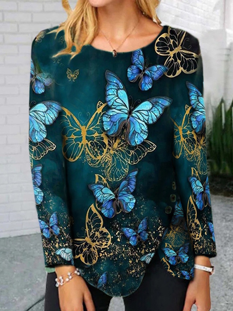 Buy Women's Butterfly Print Crew Neck Long Sleeve T-Shirt - SheStar