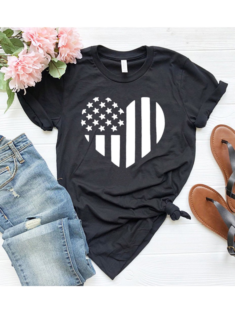 Independence Day American Flag Love Heart Print Tee