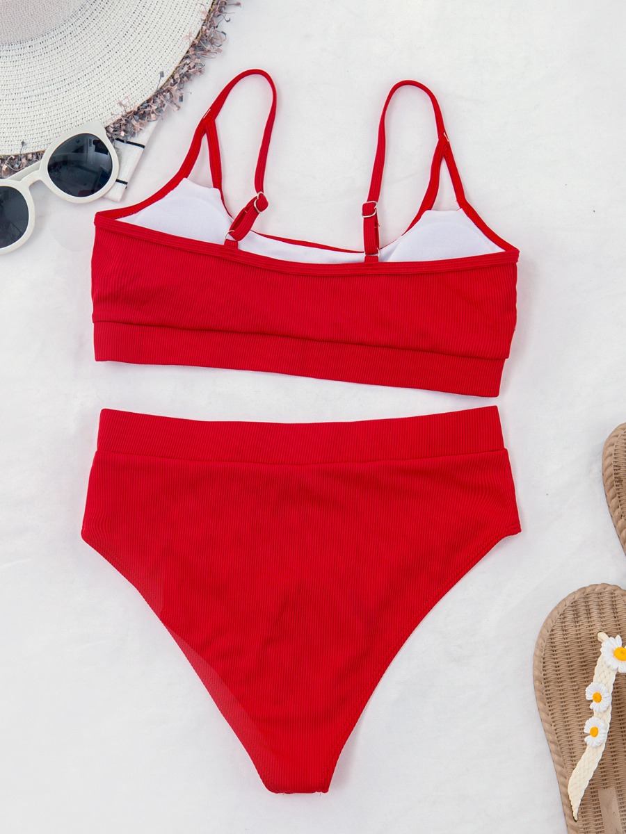 2-piece Solid Ribbed Bikini Swimsuit Halter Bra & Thongs