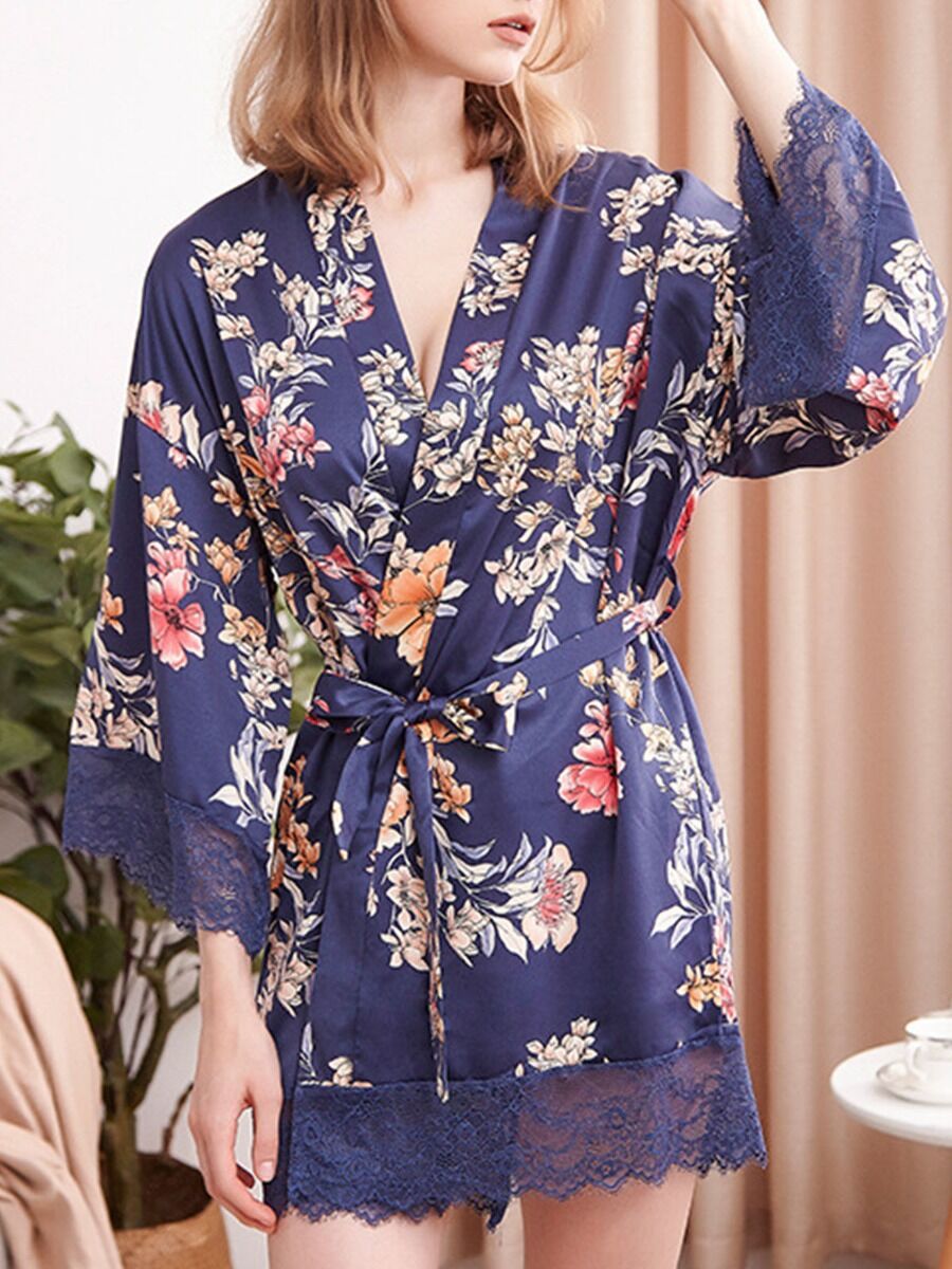 shestar wholesale Lace Patchwork Floral Belted Kimono