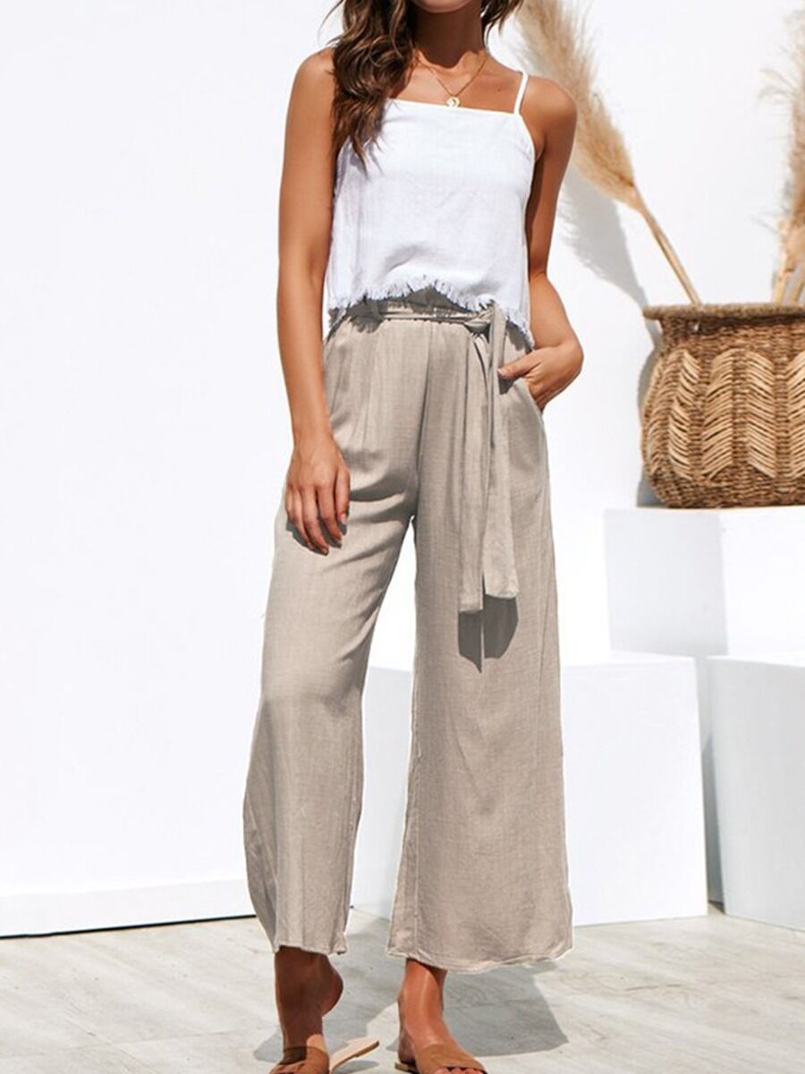 shestar wholesale solid color-tie up wide leg trousers