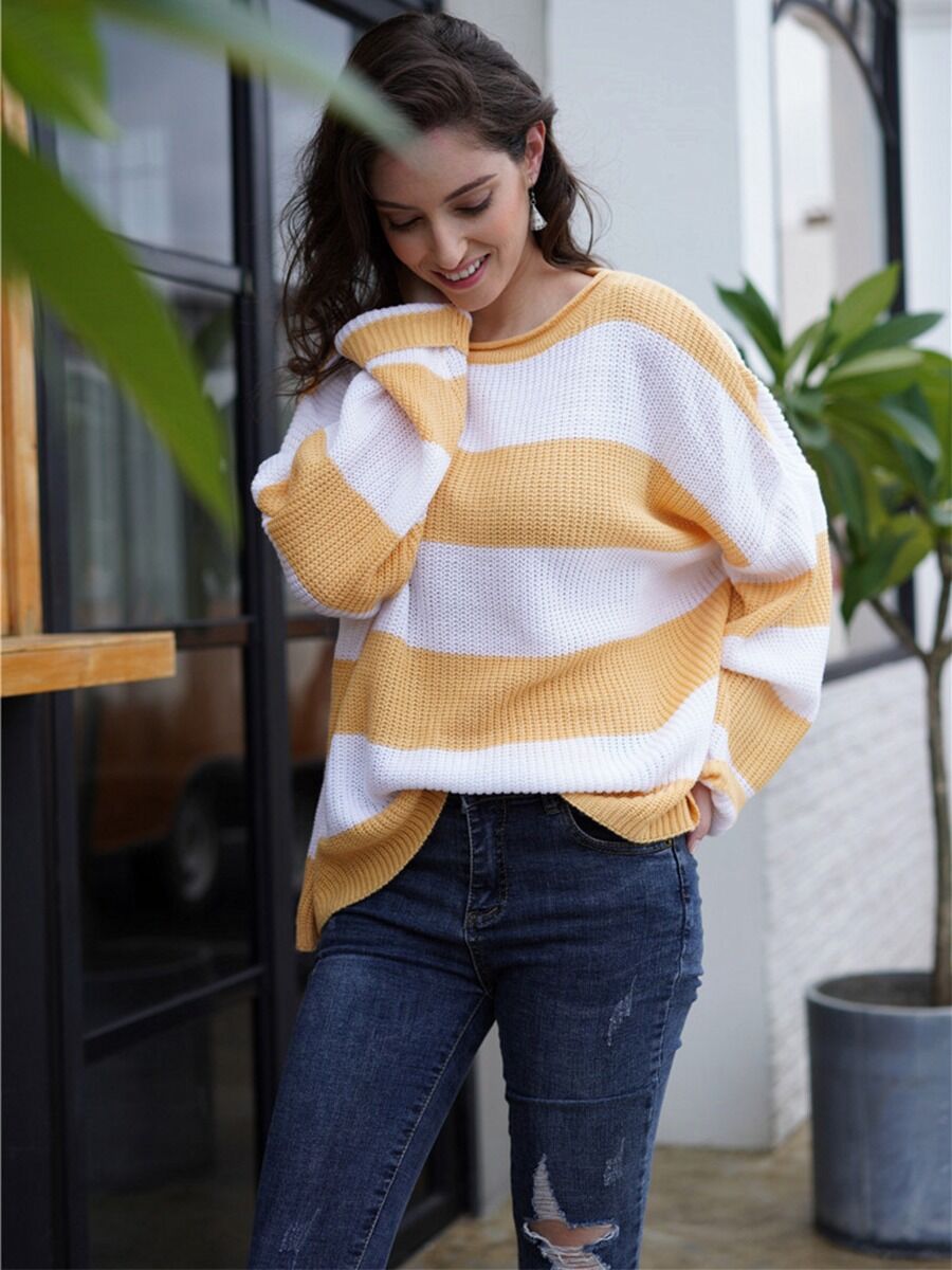 shestar wholesale Color Block Loose-knit Striped Pullover Sweater