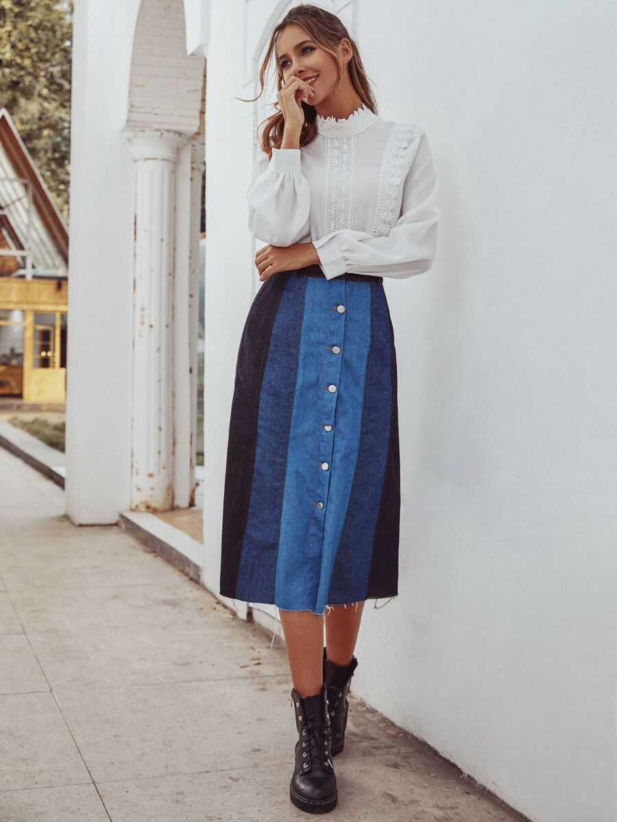 shestar wholesale color blocking button decor denim skirt