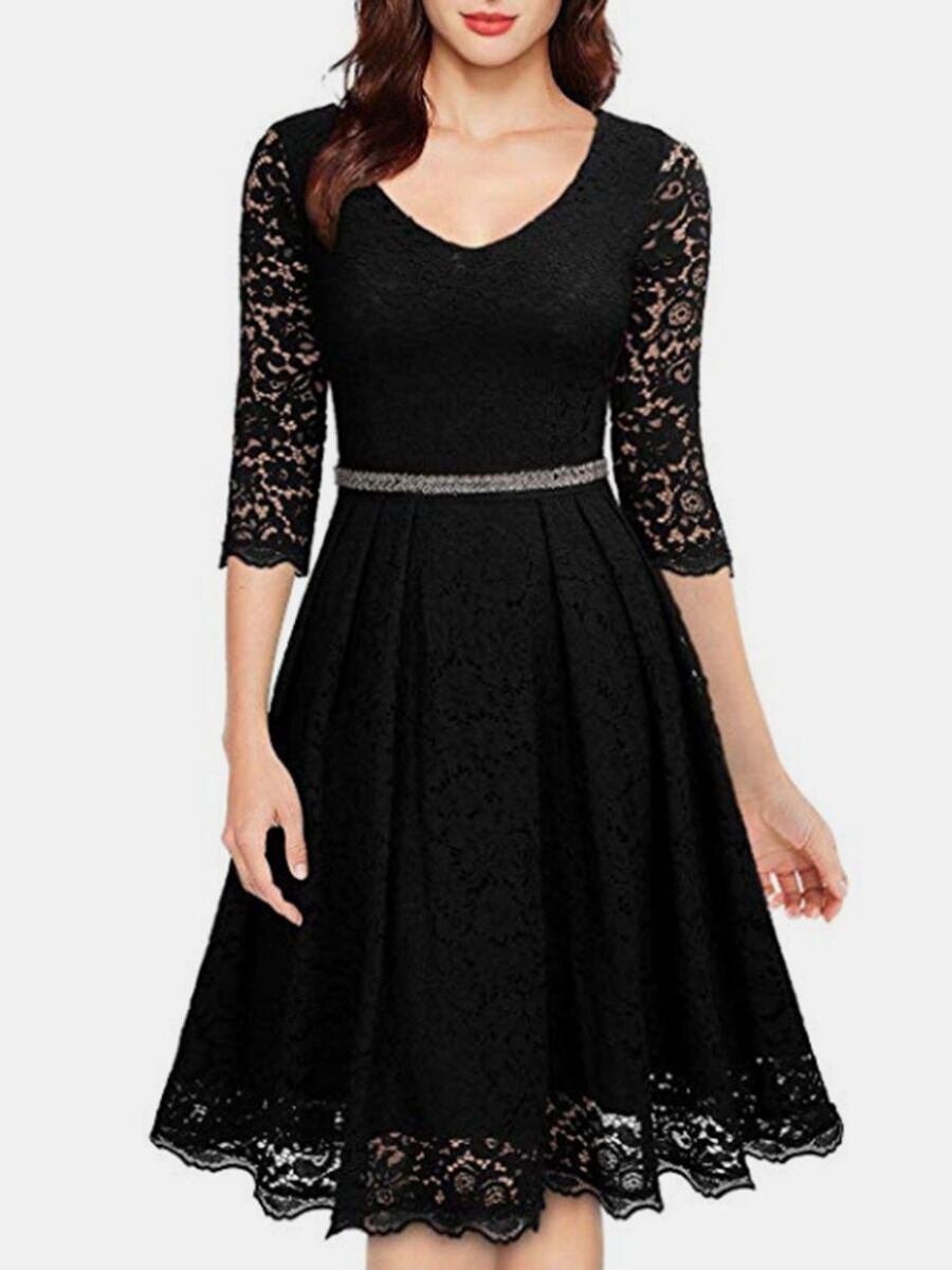 shestar wholesale v-collar lace A-line zip back evening dress