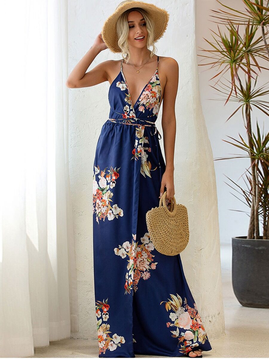 shestar wholesale floral print sexy backless holiday maxi cami dress