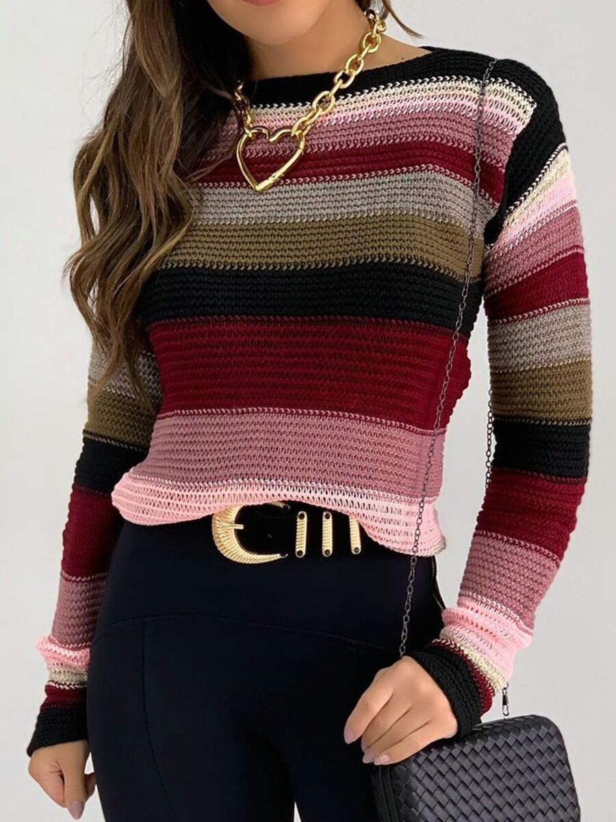 shestar wholesale Striped Colorblock Round Collar Slim Fit Sweater