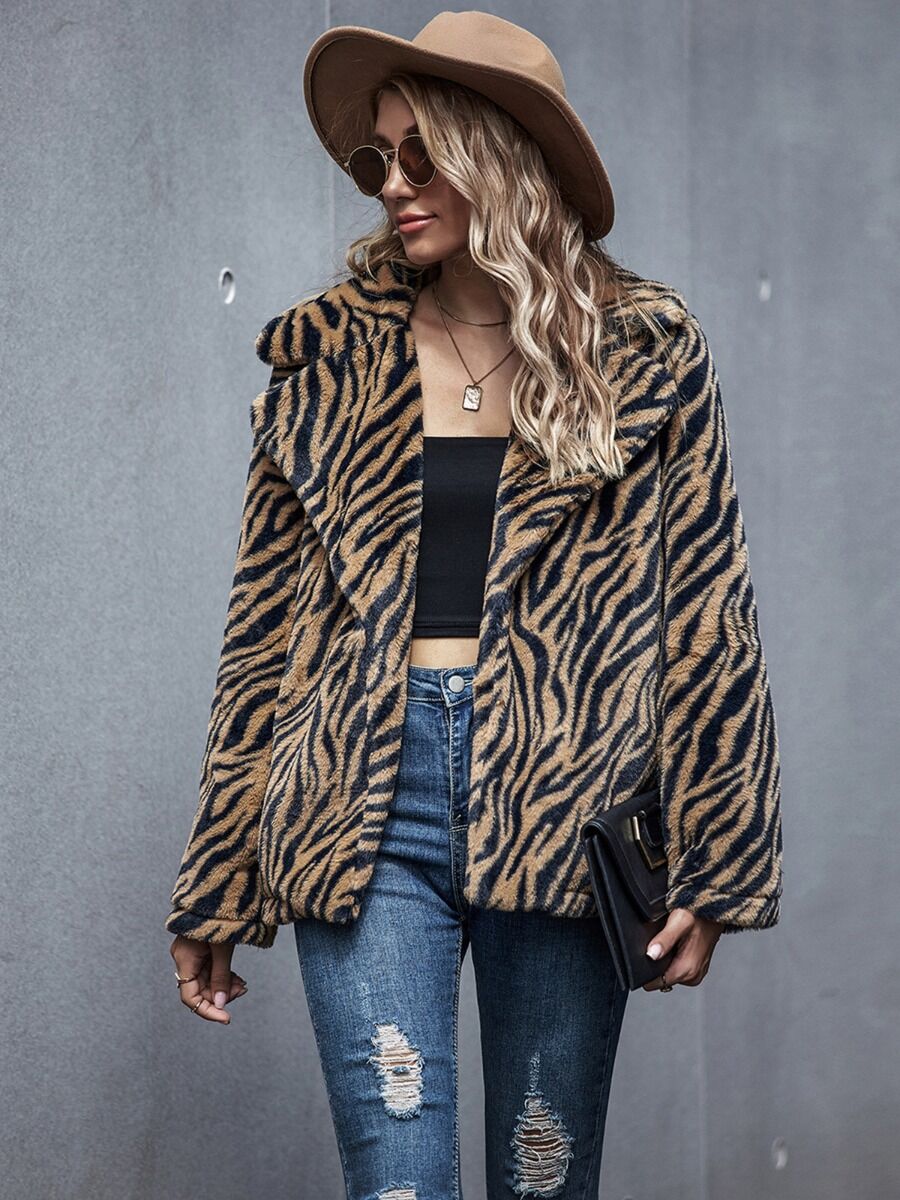 shestar wholesale Stylish Tiger Stripe Pattern Fleece Coat