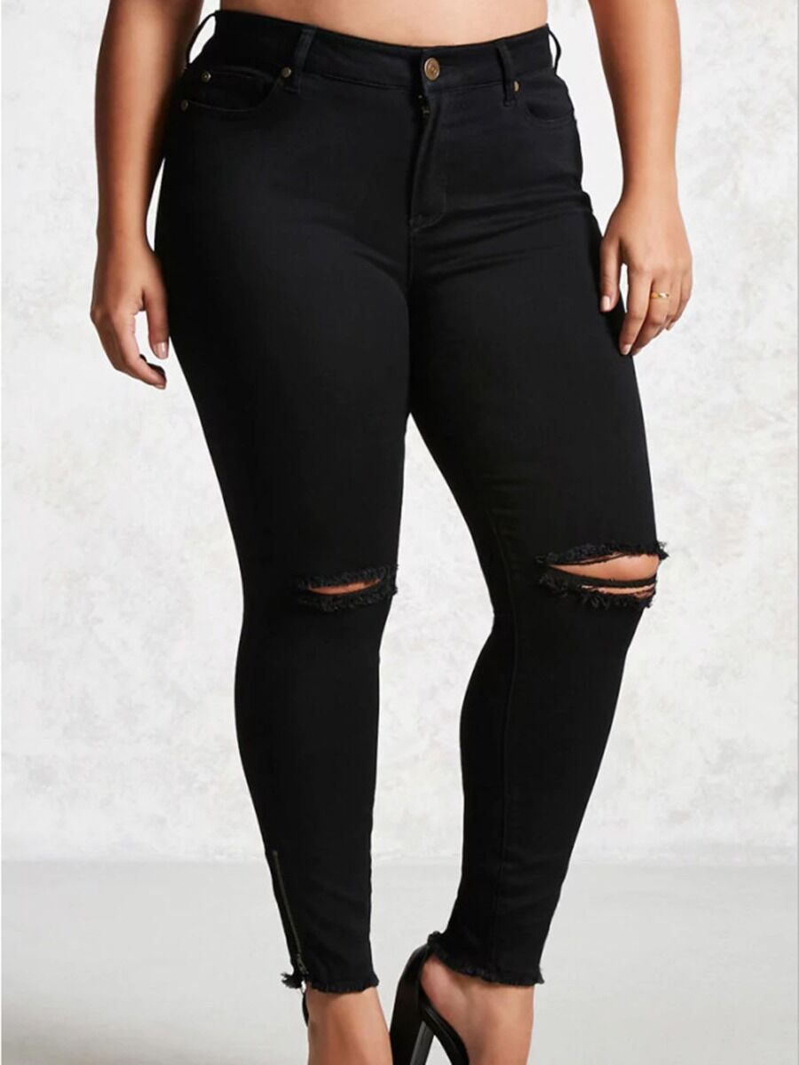 shestar wholesale Plus Size Ripped Raw Zip Hem Black Skinny Jeans