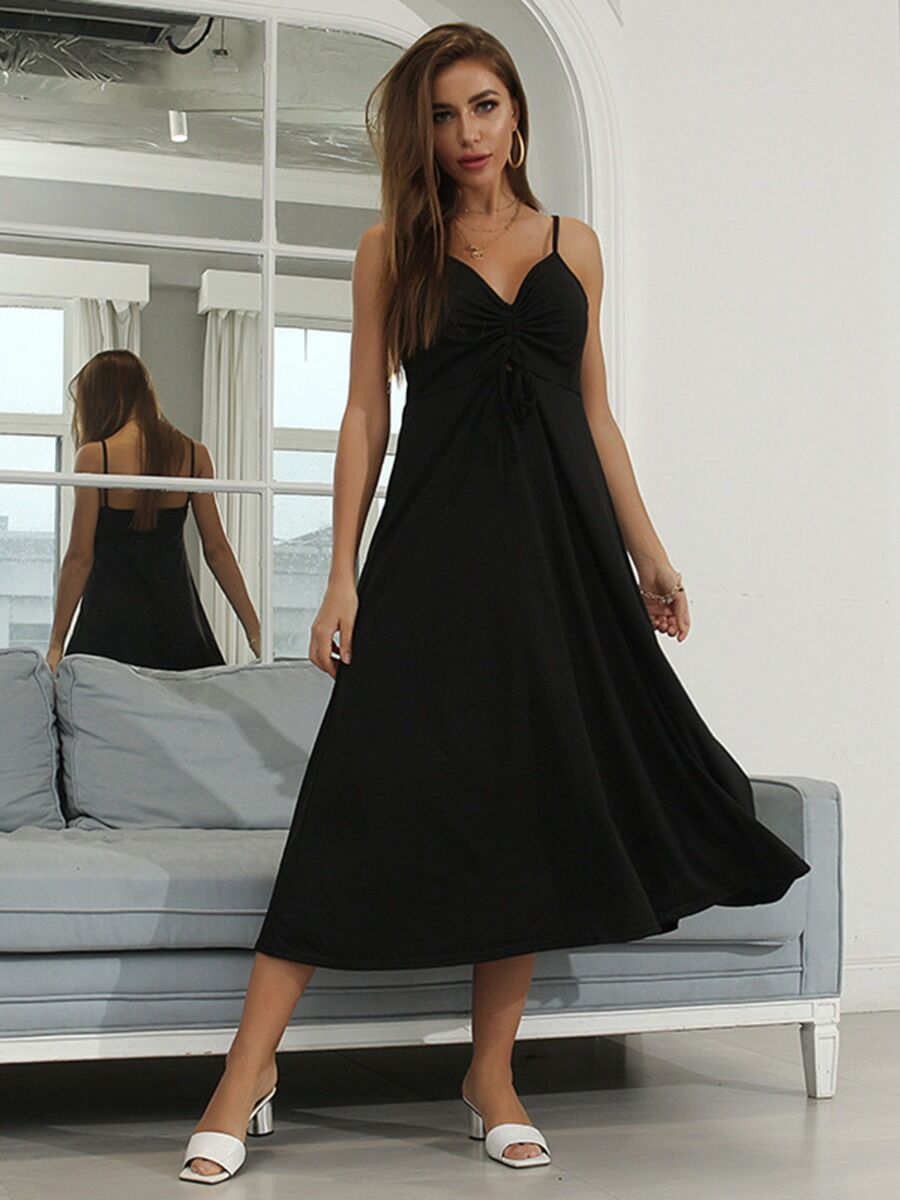 shestar wholesale sexy drawstring backless black cami maxi dress